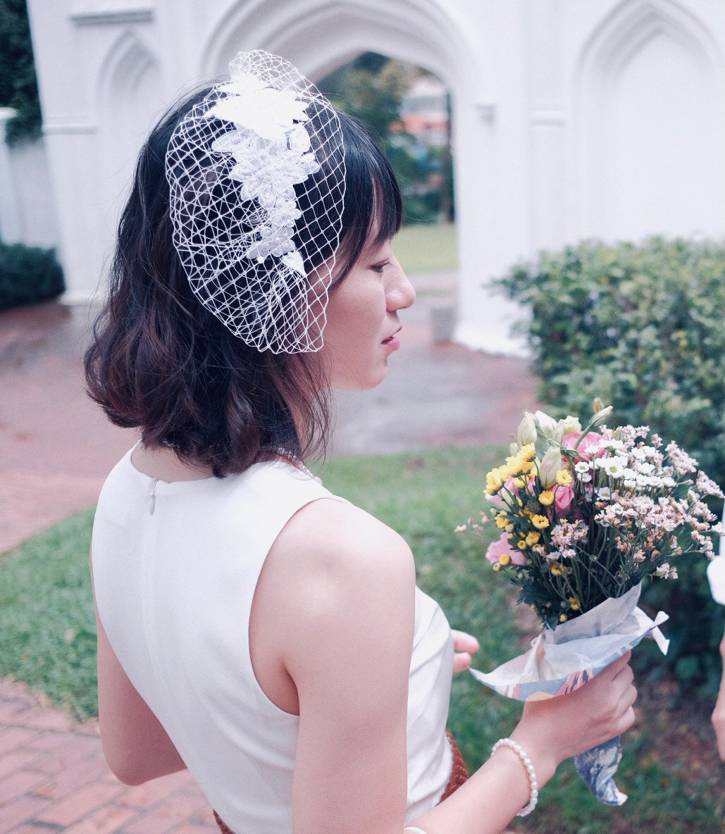 Custom order of bridal birdcage veil headband for Zoe in Singapore