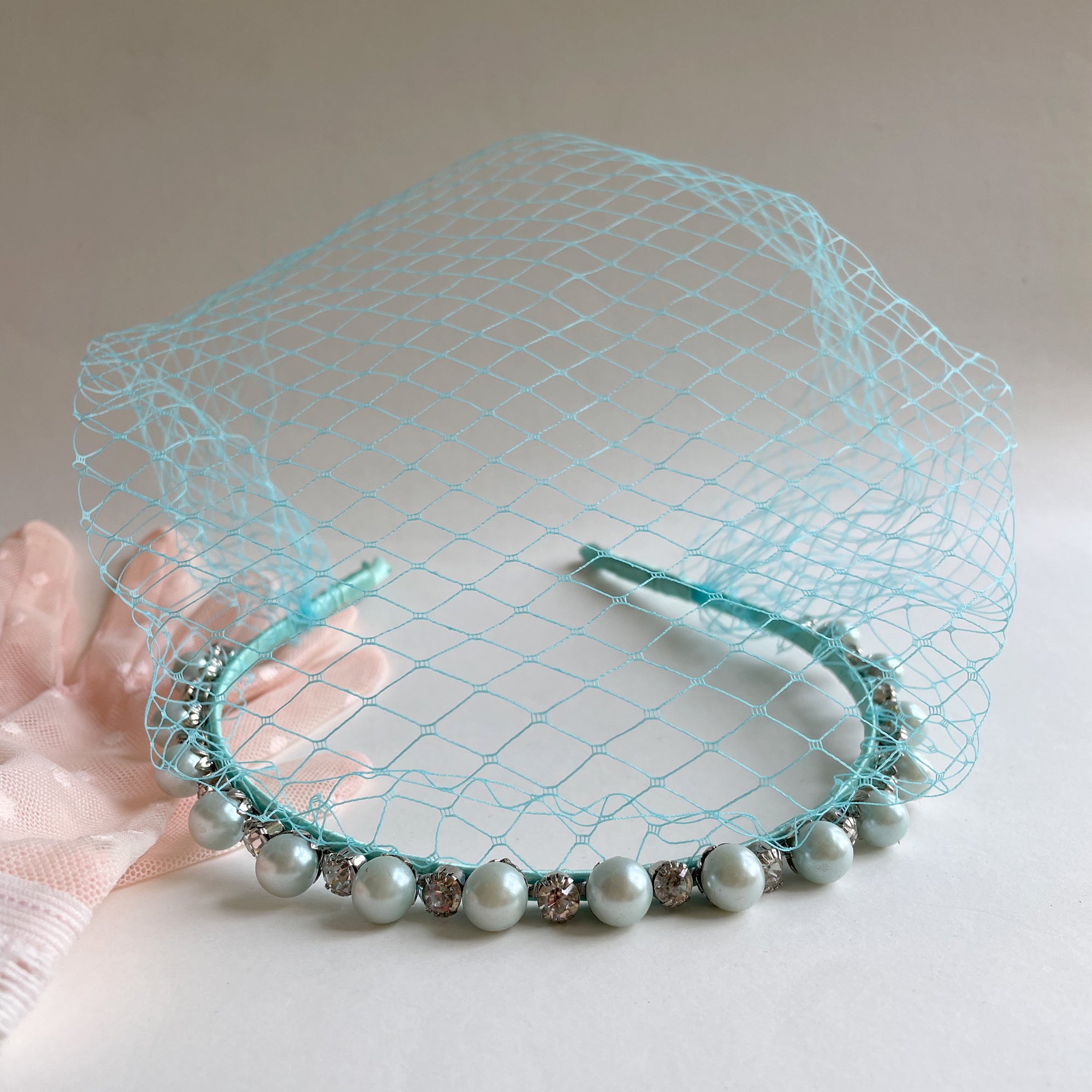 Pearl Birdcage Veil Headband, Mint Green Hair Accessory Pearl, Mint Green Veil Fascinator Headband