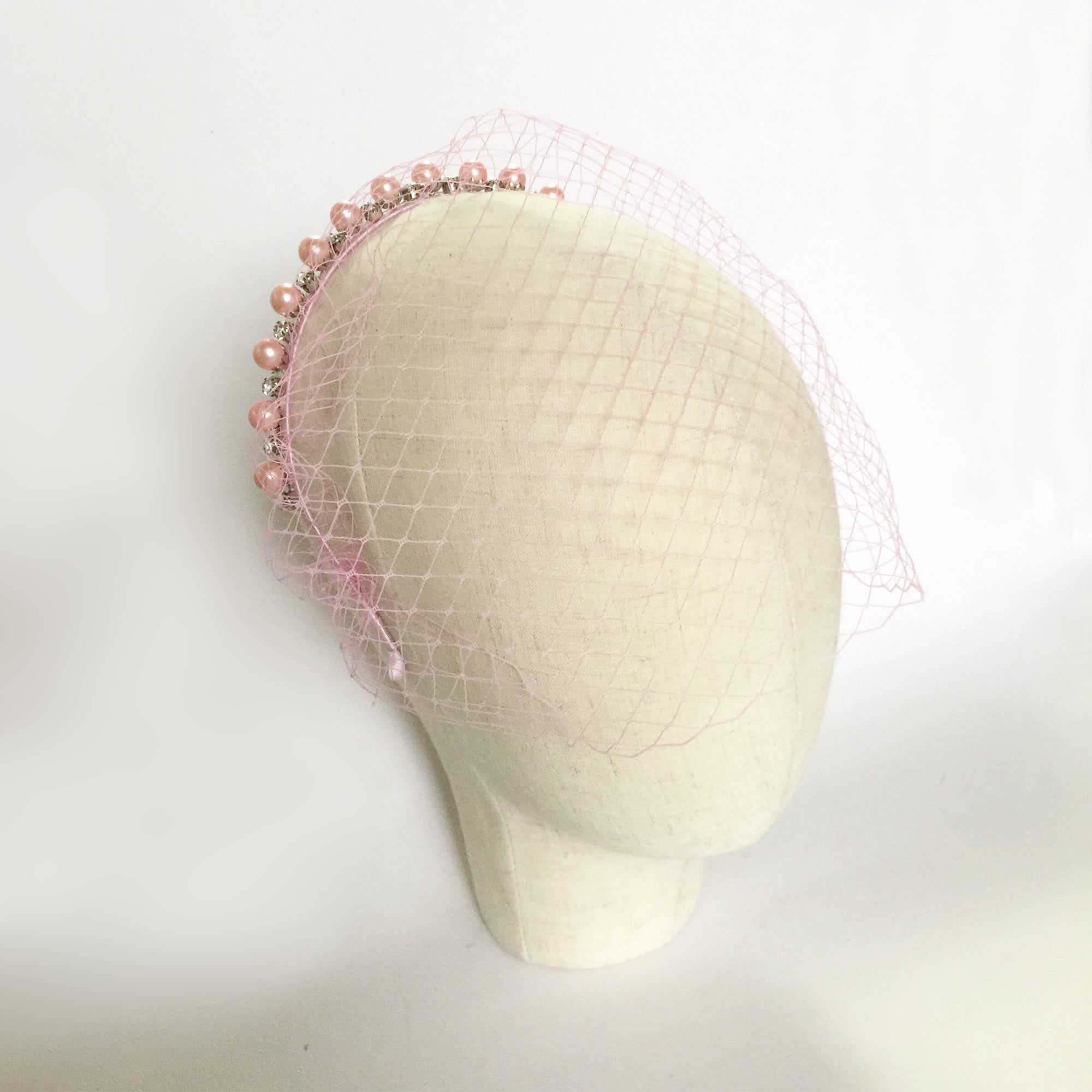 Pink Pearl Headband, Pink Birdcage Veil Headband, Pink Veil bachelorette, Light Pink Veil