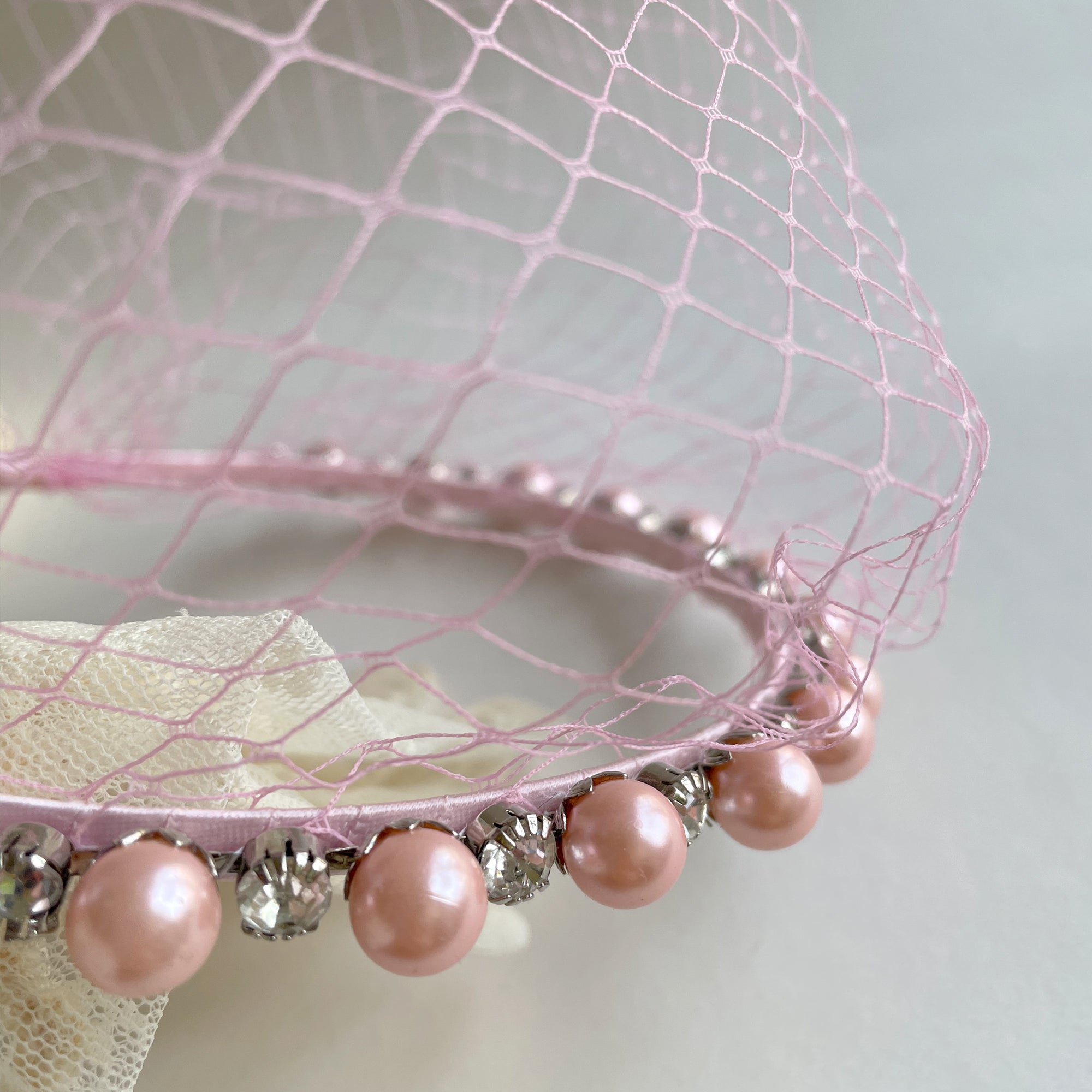 Pink Pearl Headband, Pink Birdcage Veil Headband, Pink Veil bachelorette, Light Pink Veil