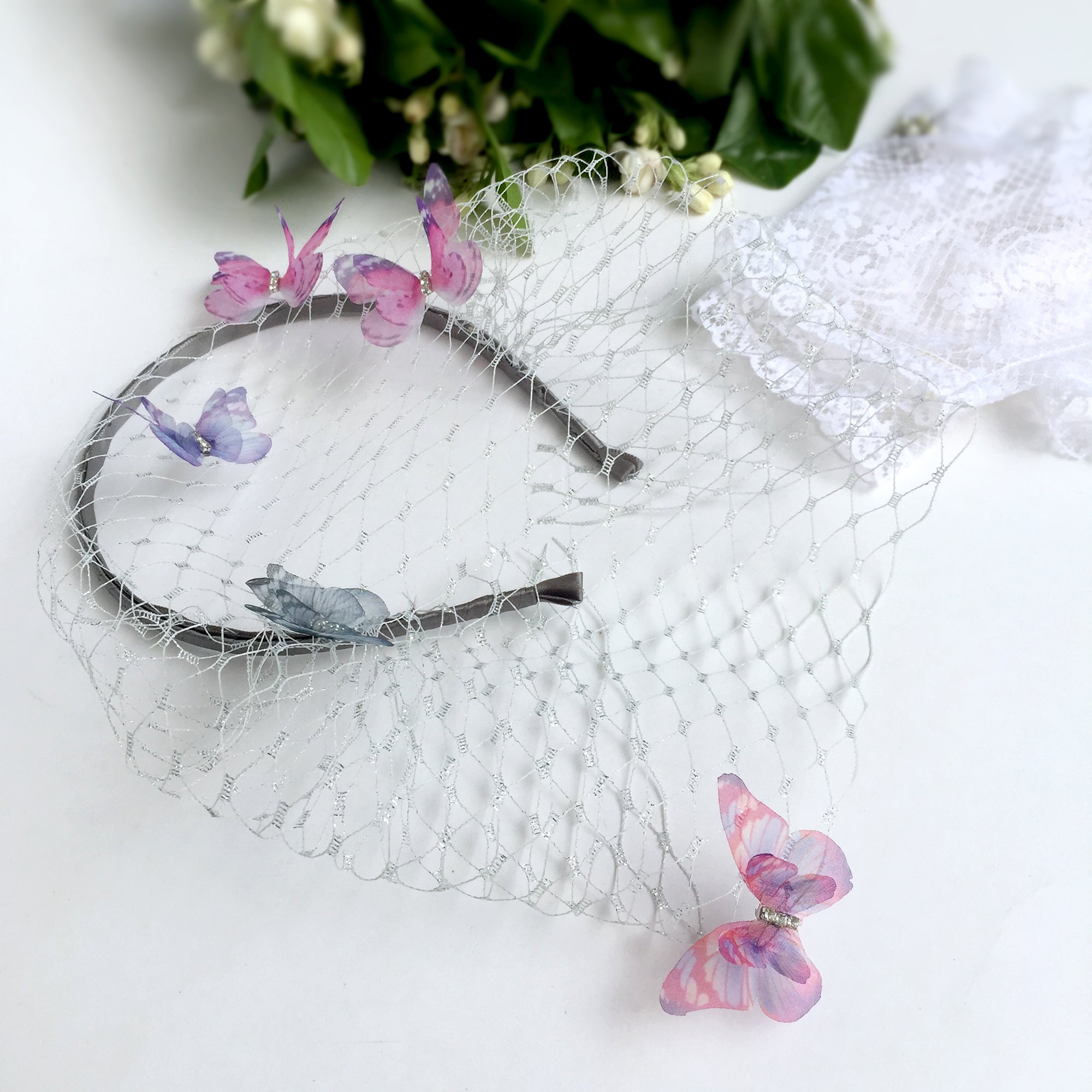 Butterfly birdcage veil headband butterfly veil fascinator butterfly kisses birdcage