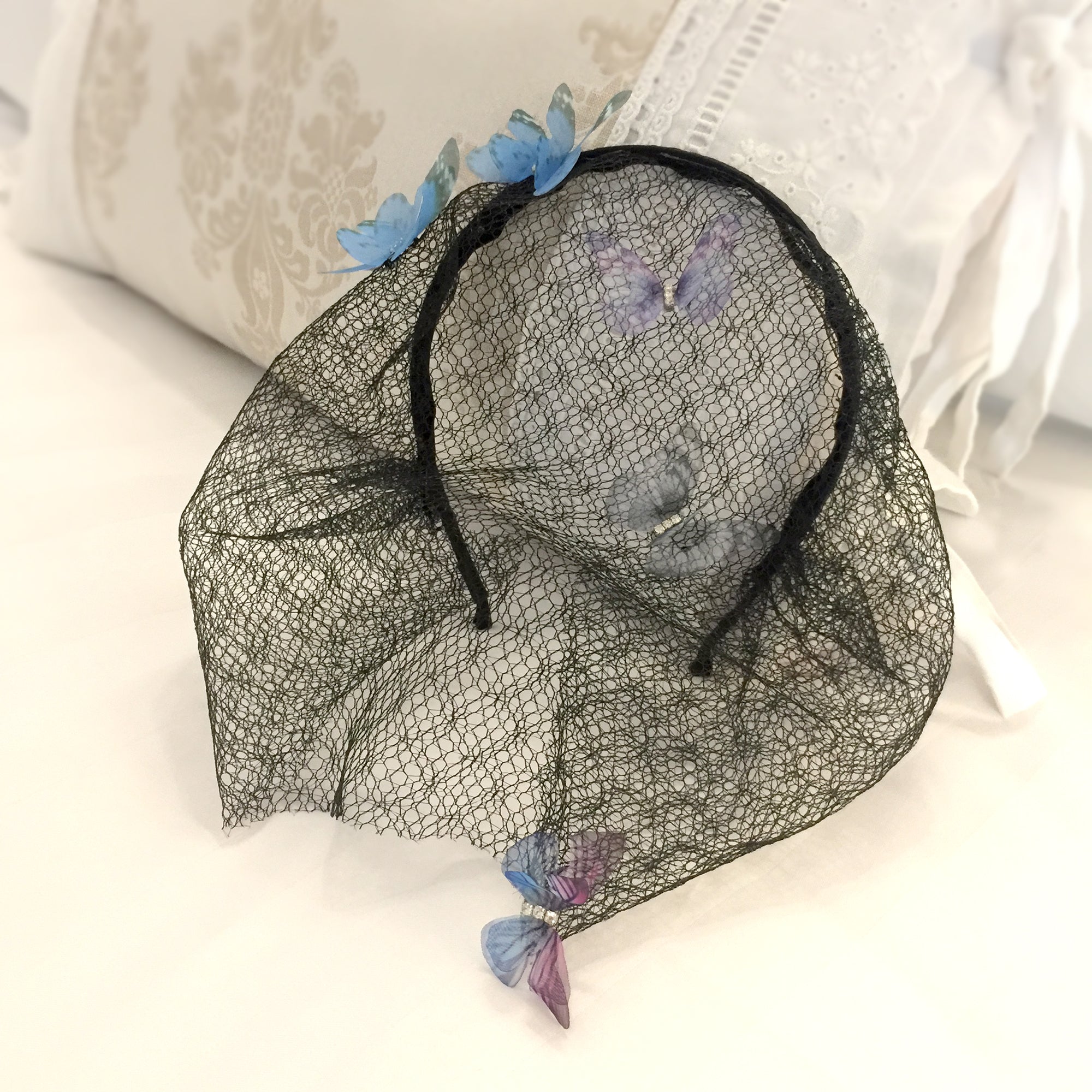 Lady butterfly veil headband gothic, Black butterfly birdcage veil, Punk wave veil