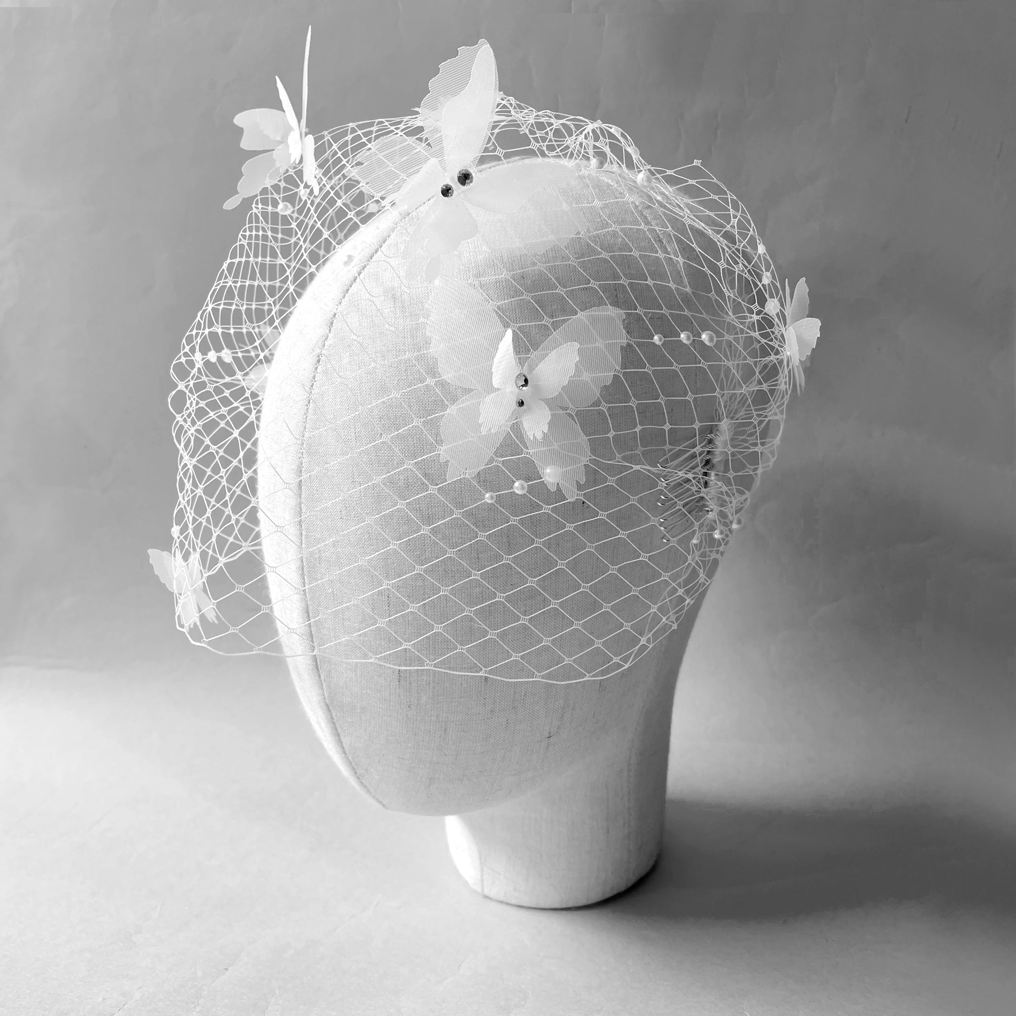 Butterfly birdcage veil white wedding bridal bandeau veil fascinator