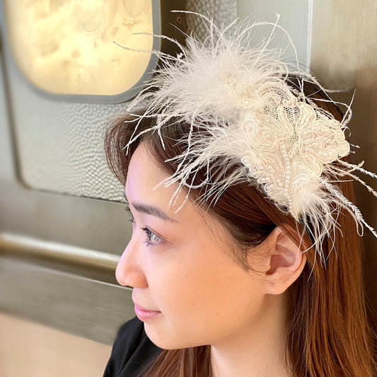 White Feather Headpiece, Bridal Ostrich Feather Headband, Feather Crown Headband for Wedding with White Lace and Pearl