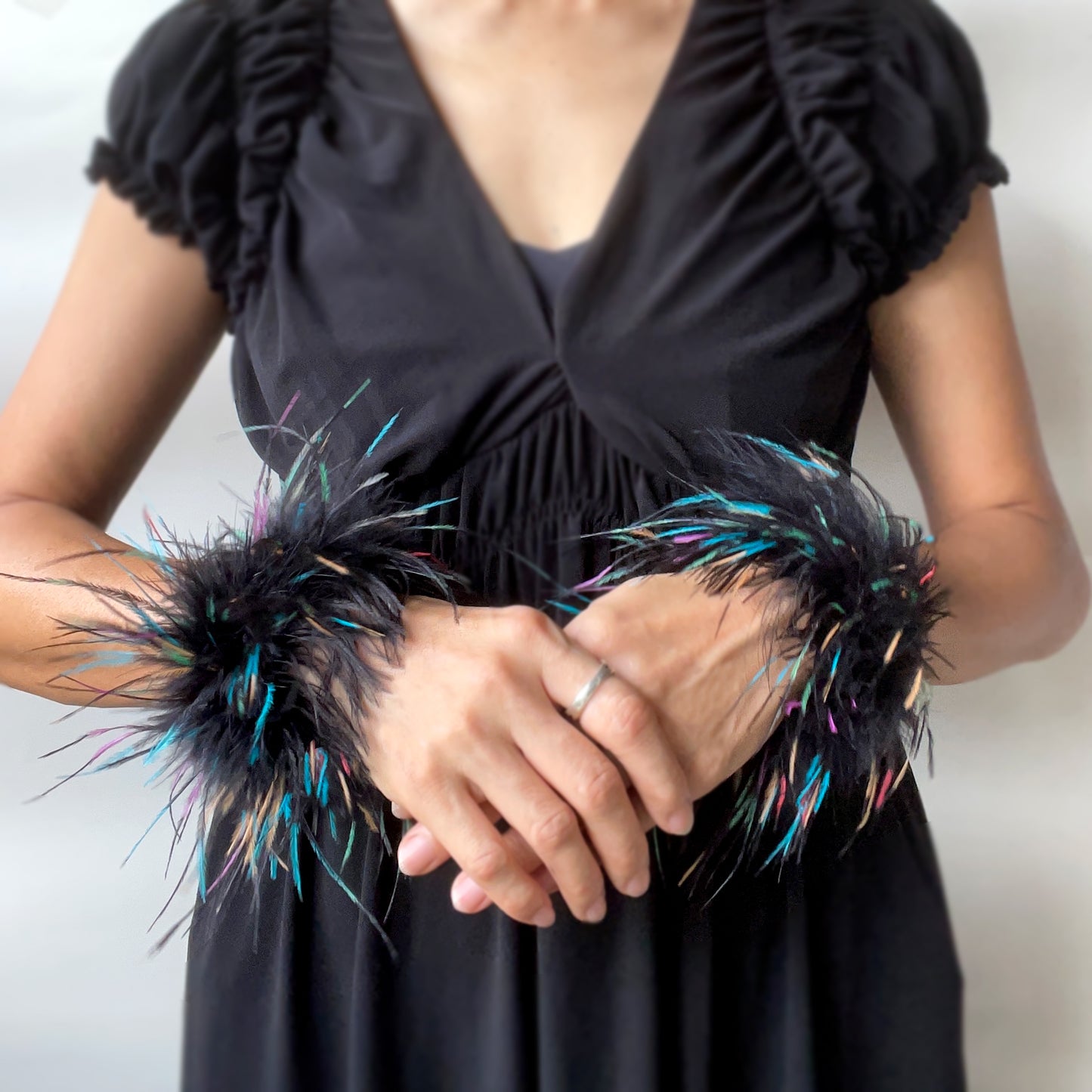 Black & White Ostrich Feather Bracelets, Cocktail Party Black Feather Wristband