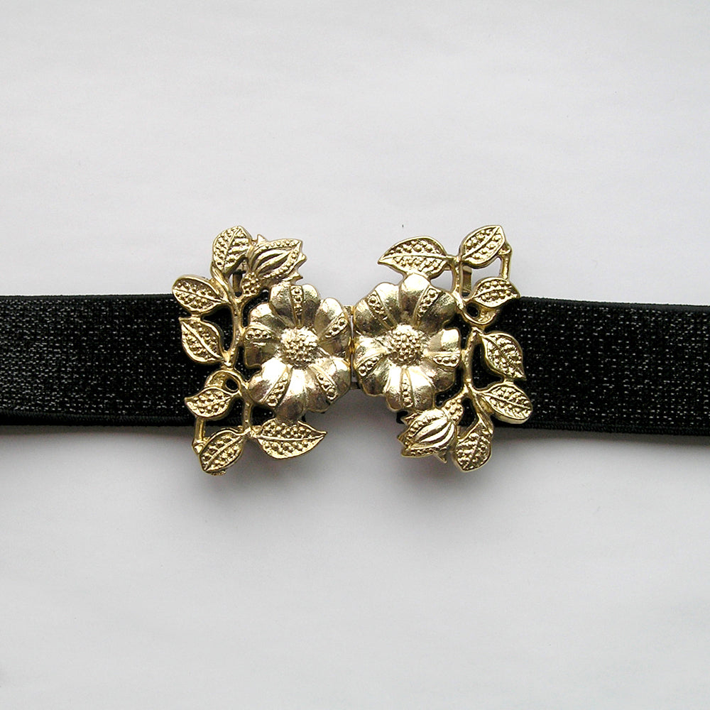 Vintage Gold Flower Stretch Waist Belt, Black Evening Belt, Jewelled Belt for Wedding Dress