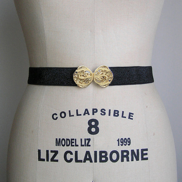 1920s Outfit Accessory, Flapper Dress Belt, Vintage Gold & Ivory Flower Leaves Metal Belt Buckle