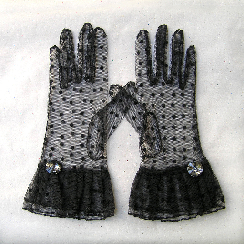 Black Polka Dot Gloves, Black Lace Gloves with Rhinestone Jewelry