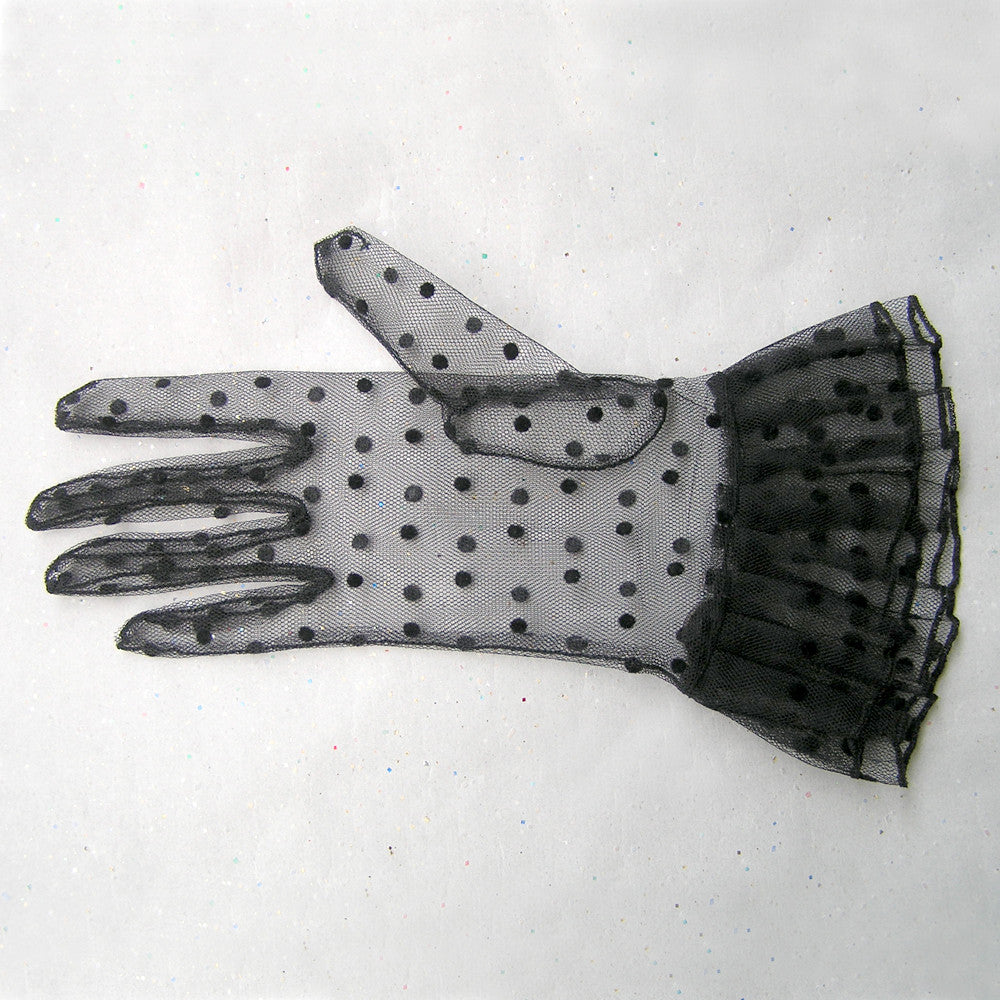 Black Polka Dot Gloves, Black Lace Gloves with Rhinestone Jewelry