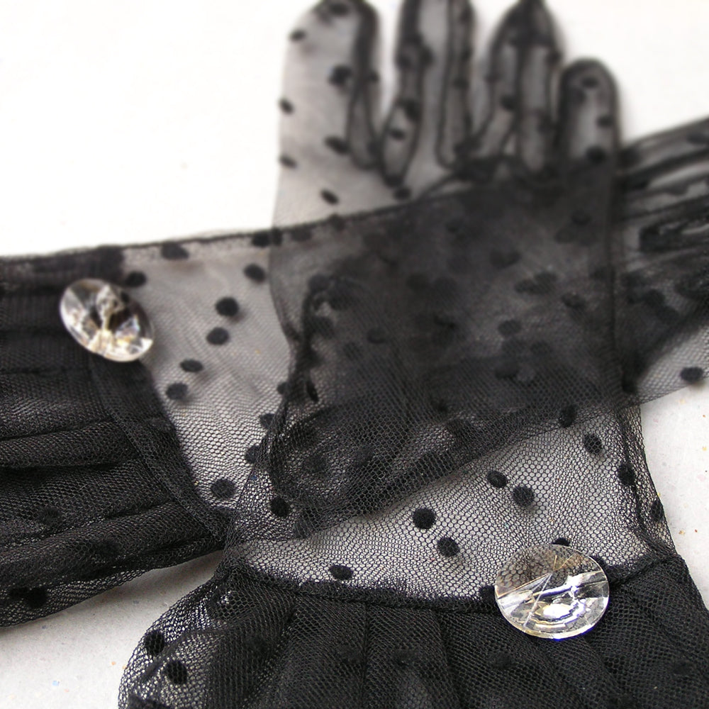 Black Polka Dot Gloves, Black Lace Gloves with Rhinestone Jewelry