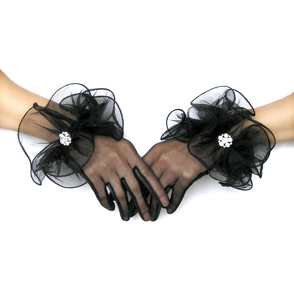 Sheer Black Gloves, Vintage Style Evening Gloves with Rhinestone Jewelry