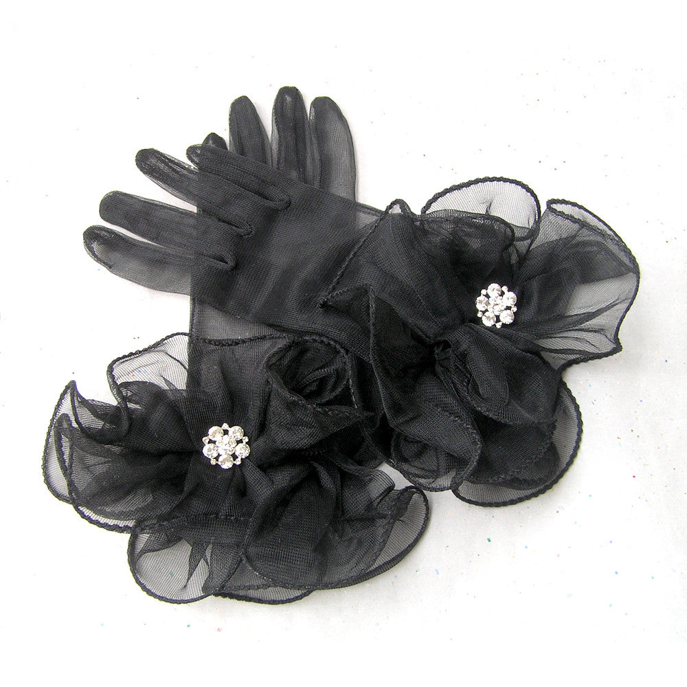 Sheer Black Gloves, Vintage Style Evening Gloves with Rhinestone Jewelry