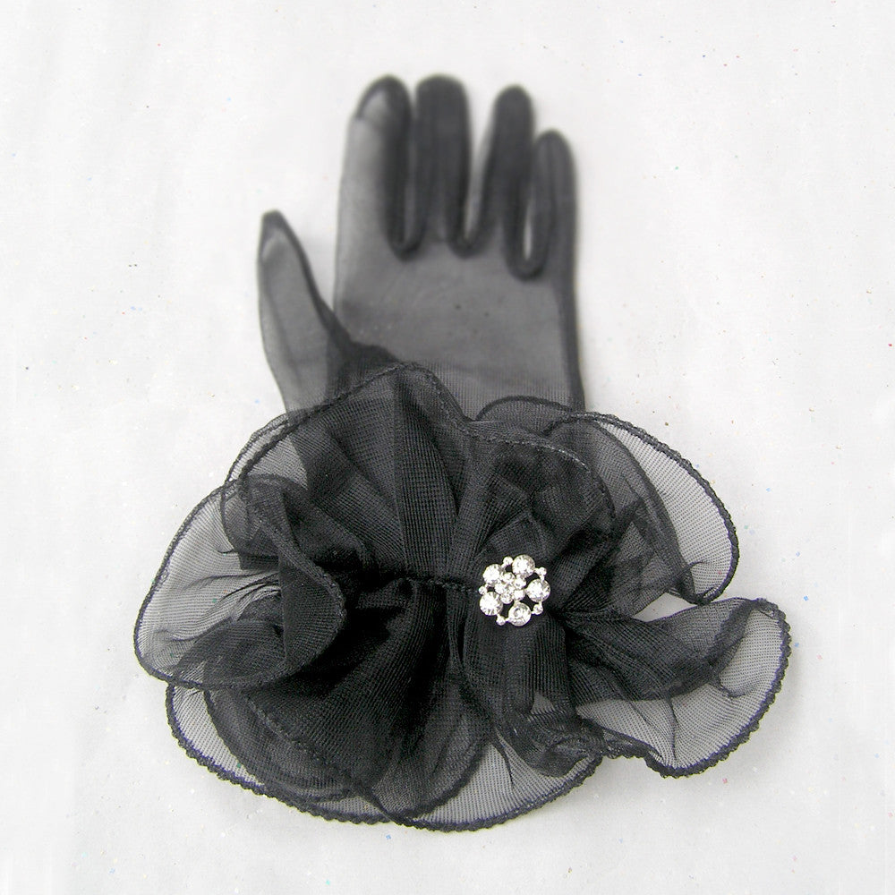 Sheer Black Gloves, Vintage Style Evening Gloves with Rhinestone Jewelry