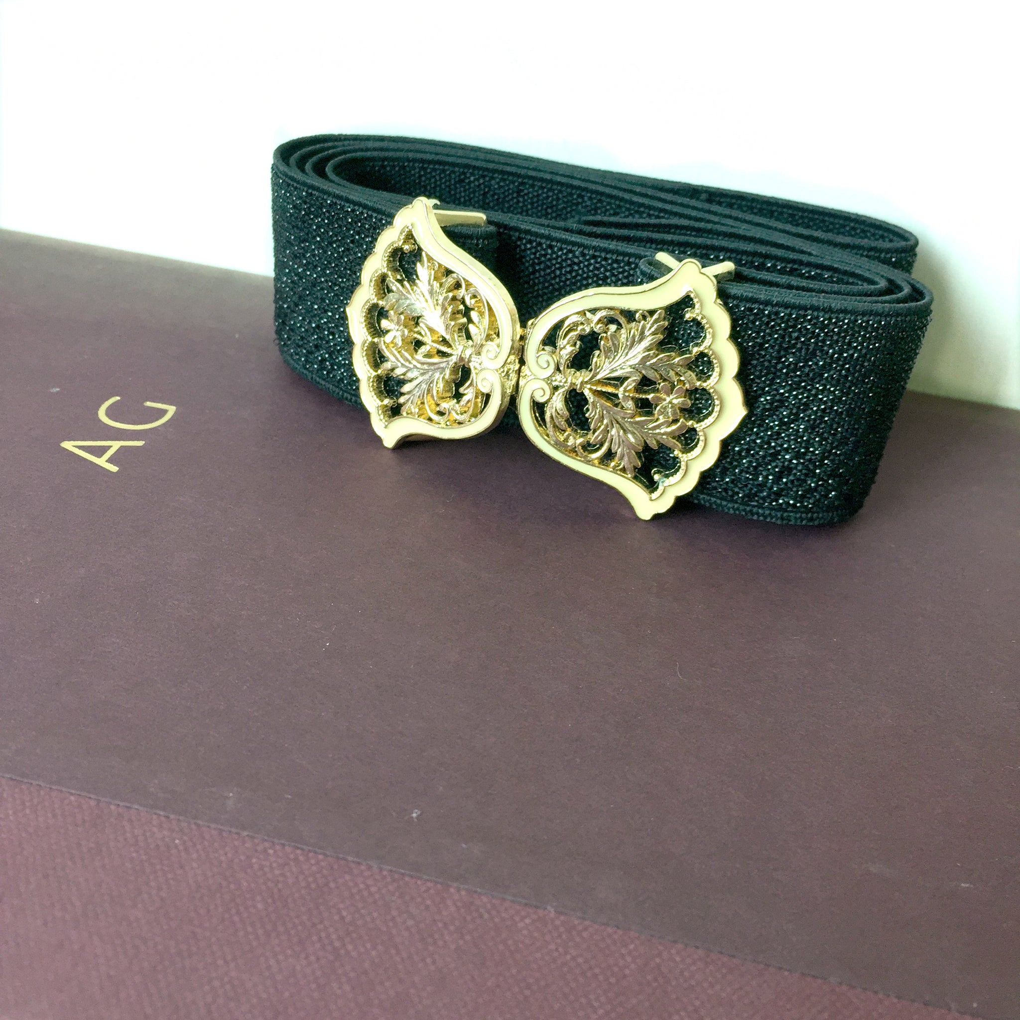 Vintage Gold & Cream Enamel Flower Belt Buckle, Dress Belt Woman, Black & Gold Evening Belt