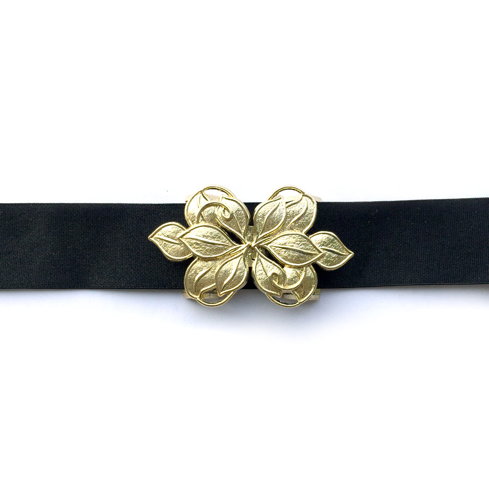 Women Stretch Belts, Gold Leaf Belt, Custom Black Dress Belt with Vintage Gold Belt Buckle from Japan