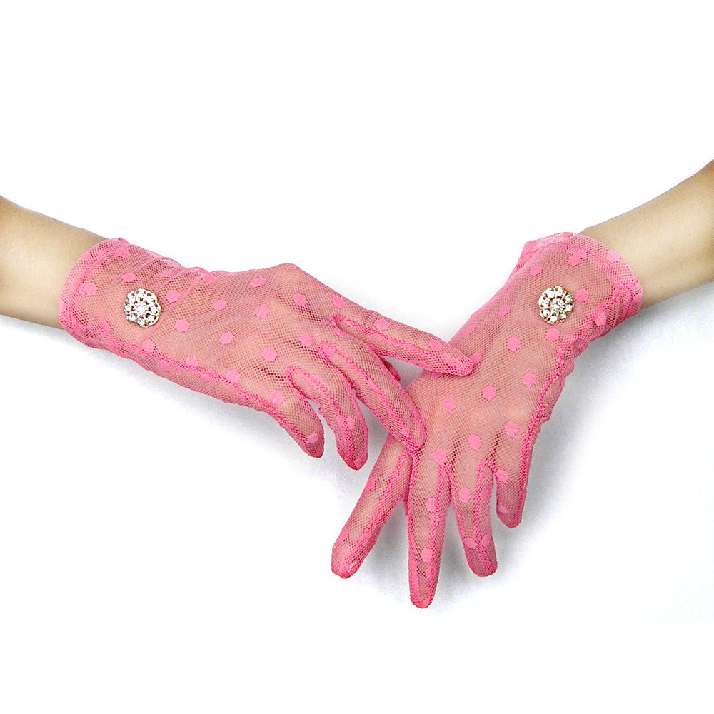 Pink Gloves, Pink Polka Dot Lace Gloves with Rhinestone Jewelry