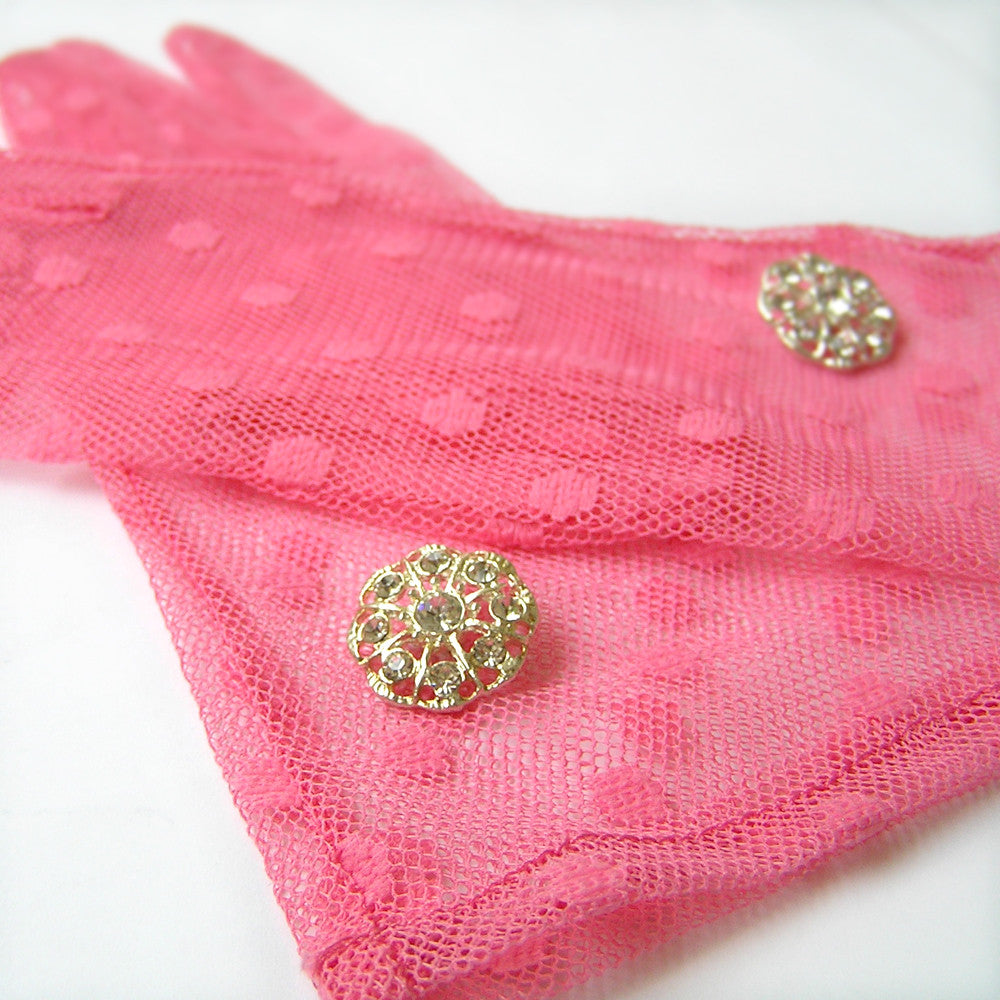 Pink Gloves, Pink Polka Dot Lace Gloves with Rhinestone Jewelry