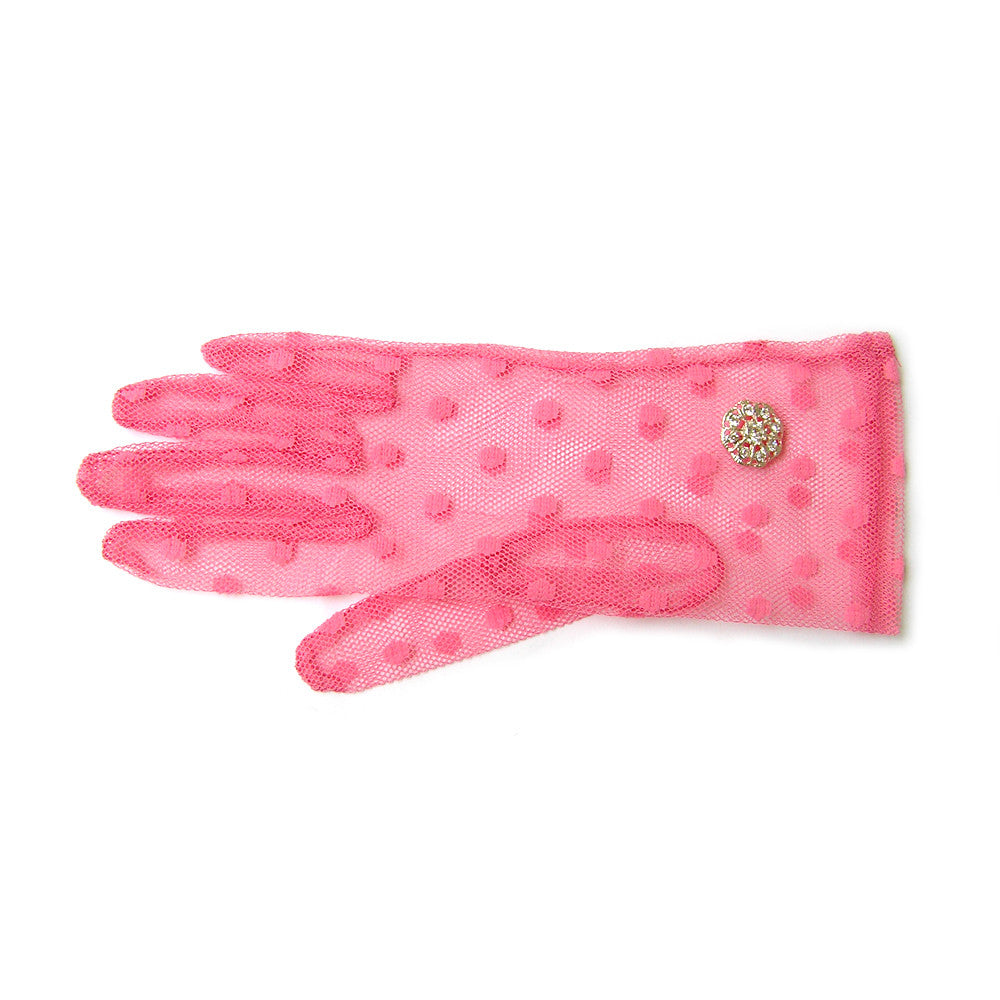 Pink Gloves, Pink Polka Dot Lace Gloves with Rhinestone Jewelry