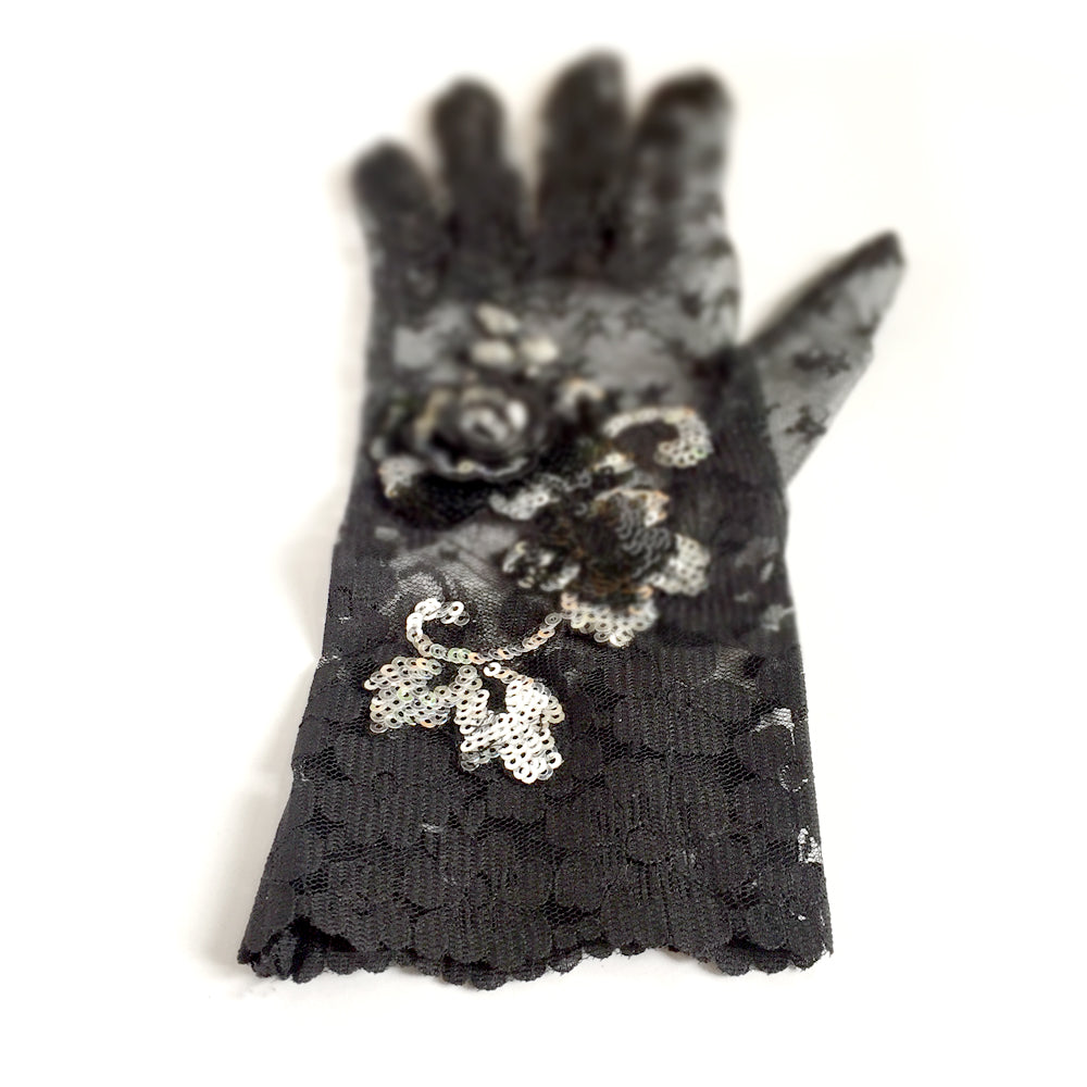 Black Lace Gloves with Black and Silver Sequins, Vintage Fashion Gloves, Wedding, Gothic