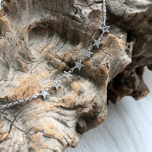 Silver Stars Necklace, Small Crystal Star Necklace, Women Sterling Silver Tiny Stars Pendant