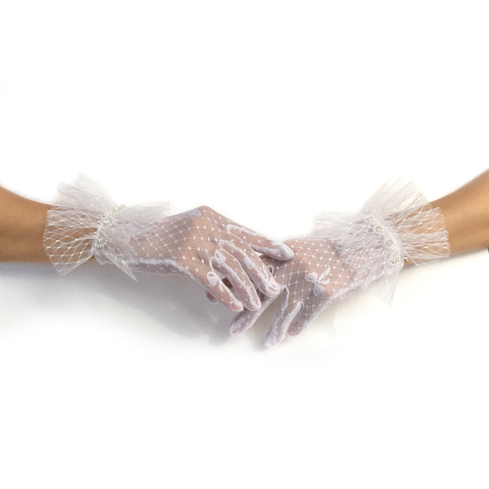 Vintage Wedding White Lace Bridal Gloves, Wrist Gloves, Short Lace Gloves with With White and Silver Sequin