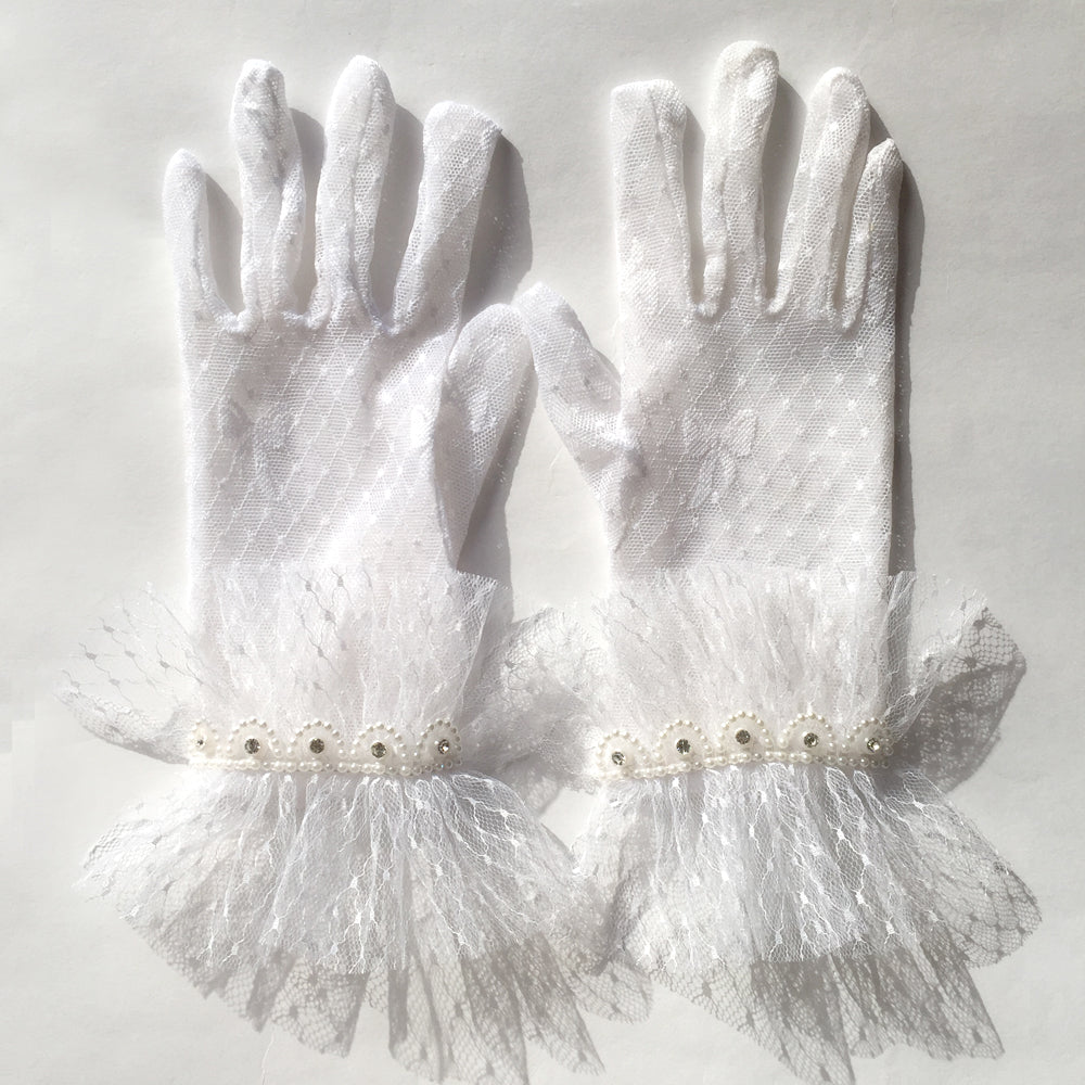 Vintage Wedding White Lace Bridal Gloves, Wrist Gloves, Short Lace Gloves with With White and Silver Sequin