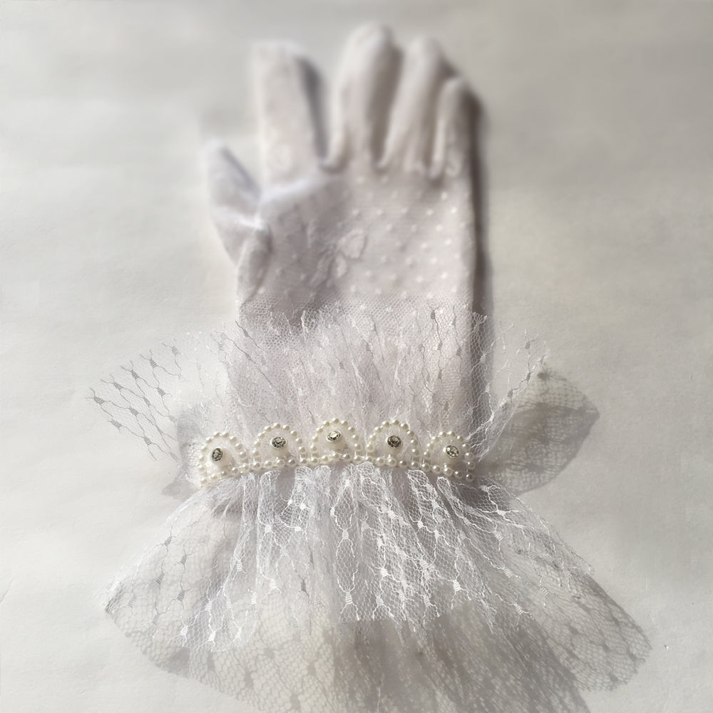 Vintage Wedding White Lace Bridal Gloves, Wrist Gloves, Short Lace Gloves with With White and Silver Sequin