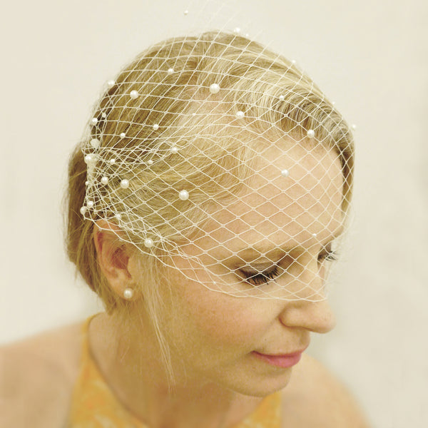 Pearl Headband Wedding, Pearl Bandeau Veil, Pearl Birdcage Veil, Bridal Pearl Hair Accessory,