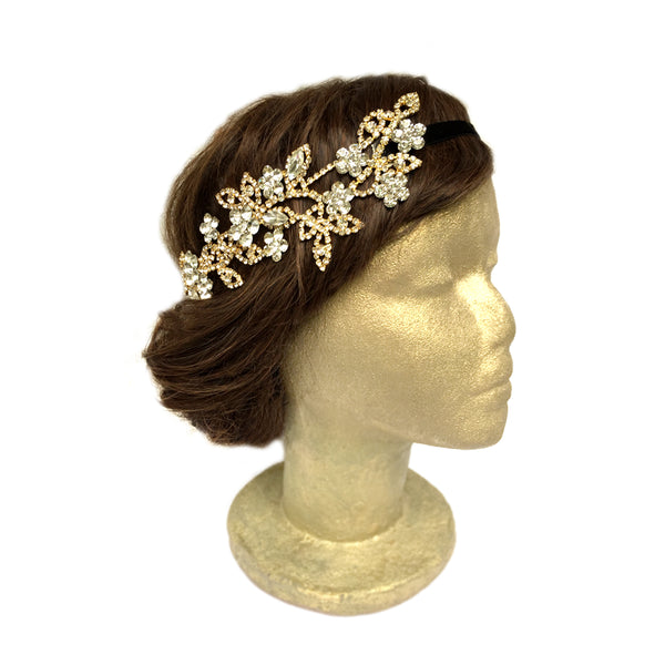 Gold Wedding Headband, Bridal Hair Piece Vintage, Rhinestone Floral Head Piece, Dancers
