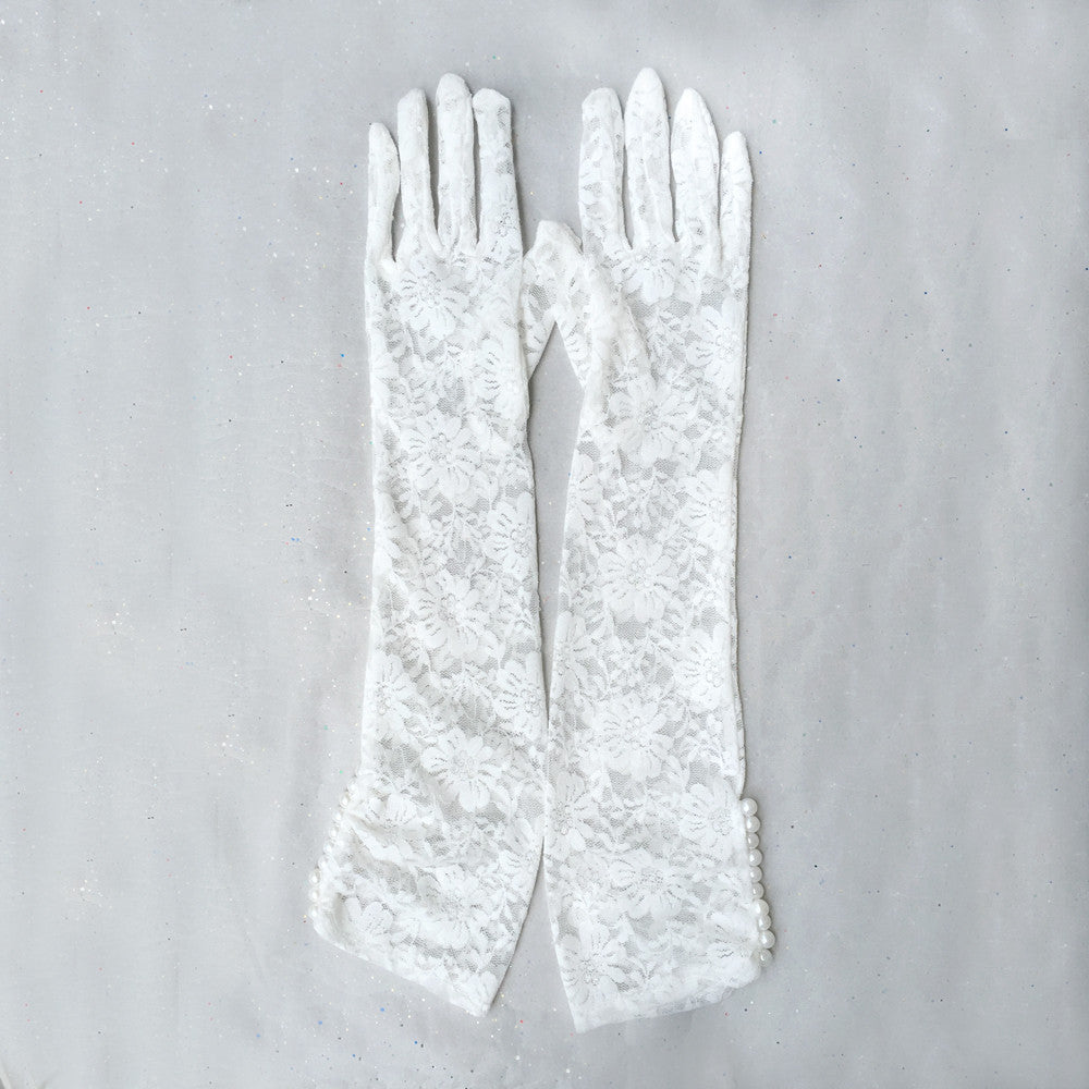 Wedding Gloves, Ivory Gloves, Long Lace Gloves with Pearl Jewelry