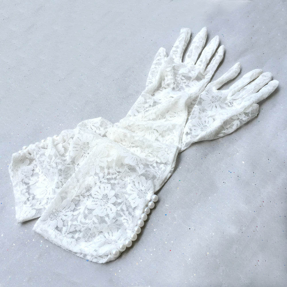 Wedding Gloves, Ivory Gloves, Long Lace Gloves with Pearl Jewelry