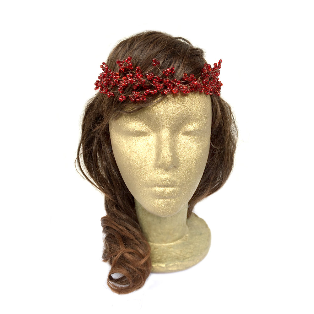 Red Hair Accessory for Wedding, Handmade Woodland Hair Wreath, Beaded Wire Headband