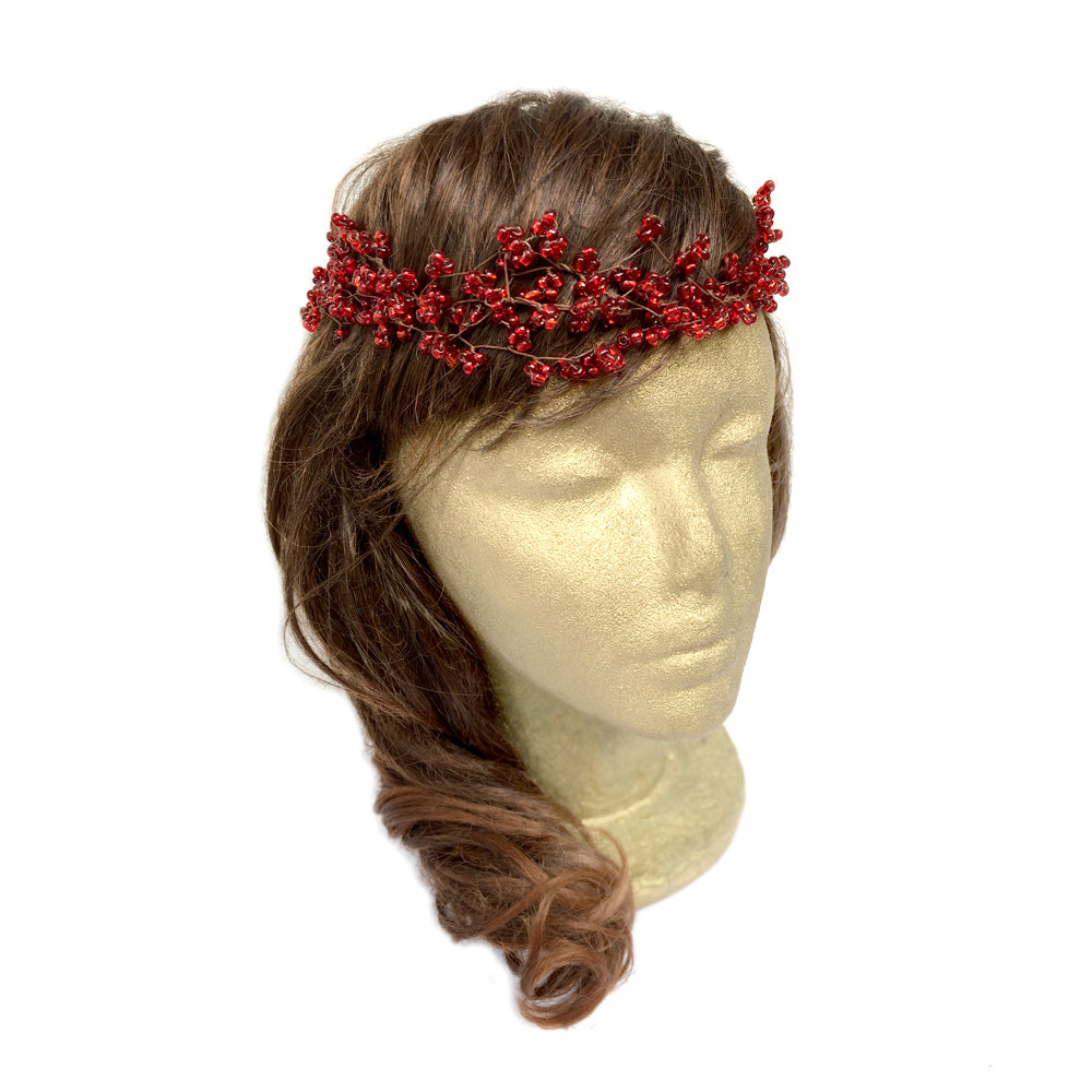 Red Hair Accessory for Wedding, Handmade Woodland Hair Wreath, Beaded Wire Headband