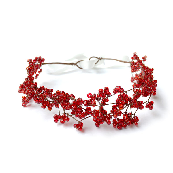 Red Hair Accessory for Wedding, Handmade Woodland Hair Wreath, Beaded Wire Headband