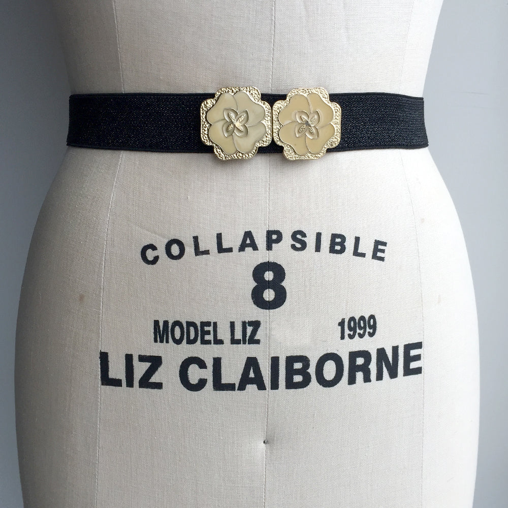 Flower Belt Buckle from Japan, Custom Vintage Elastic Cinch Belt, Gold Elastic Belt, 1920s accessories
