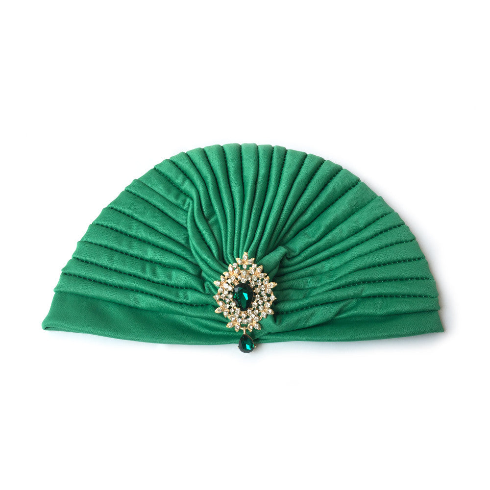 Green Turban Hat, Turban Hijab with Rhinestone Jewelry, Green Hat, 1930s