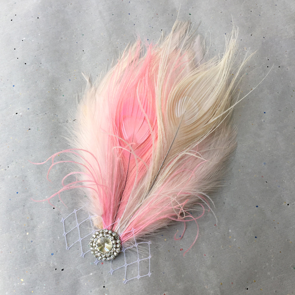 Blush Pink Peacock Feather Wedding Hair Piece, Pink Feather Fascinator Clip, Pink Hair Clip Wedding