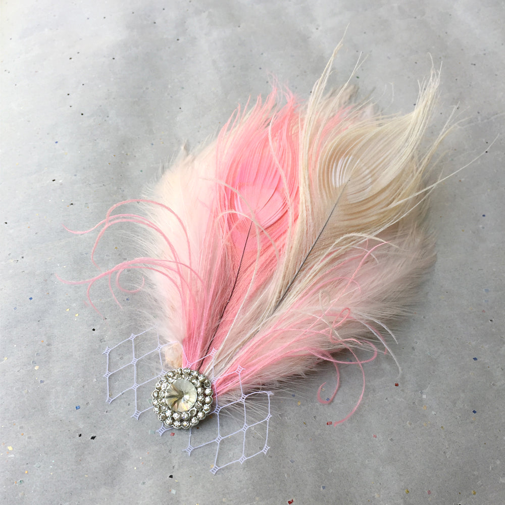 Blush Pink Peacock Feather Wedding Hair Piece, Pink Feather Fascinator Clip, Pink Hair Clip Wedding