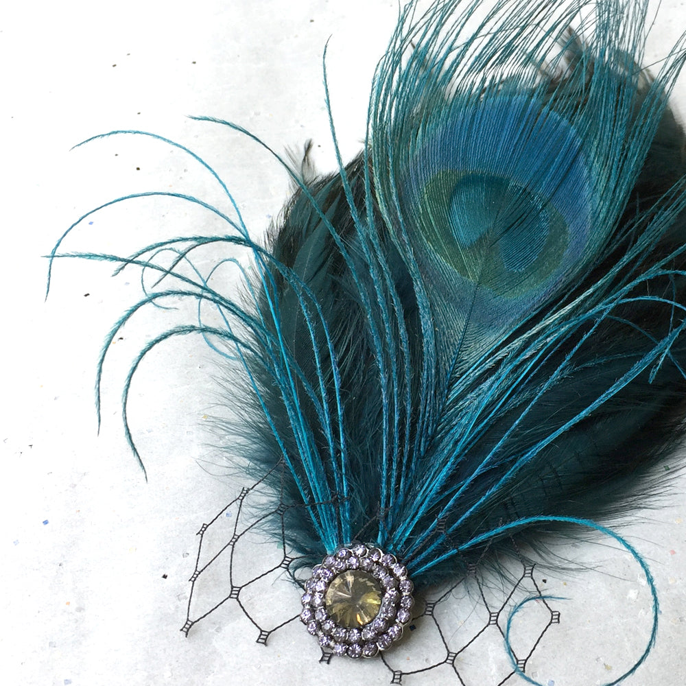 Boda fascinador de plumas de pavo real, clips de pelo nupcial de estilo vintage, pasador de broche de pieza de pelo