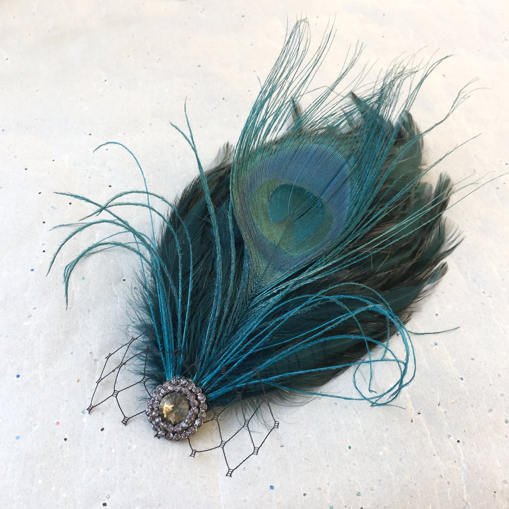 Boda fascinador de plumas de pavo real, clips de pelo nupcial de estilo vintage, pasador de broche de pieza de pelo