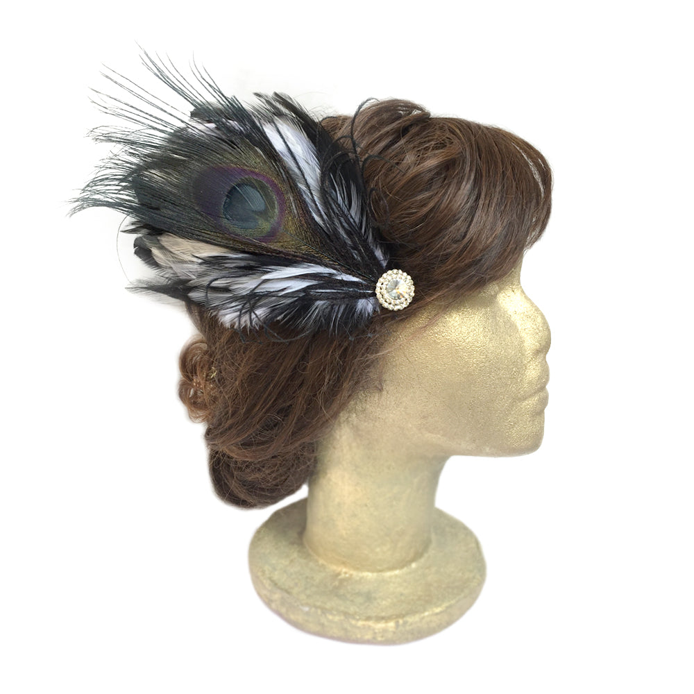 Black and White Feather Fascinator, Black Wedding Feather Hair Clip, Goth Wedding, Black Hair Clip with Peacock Feather