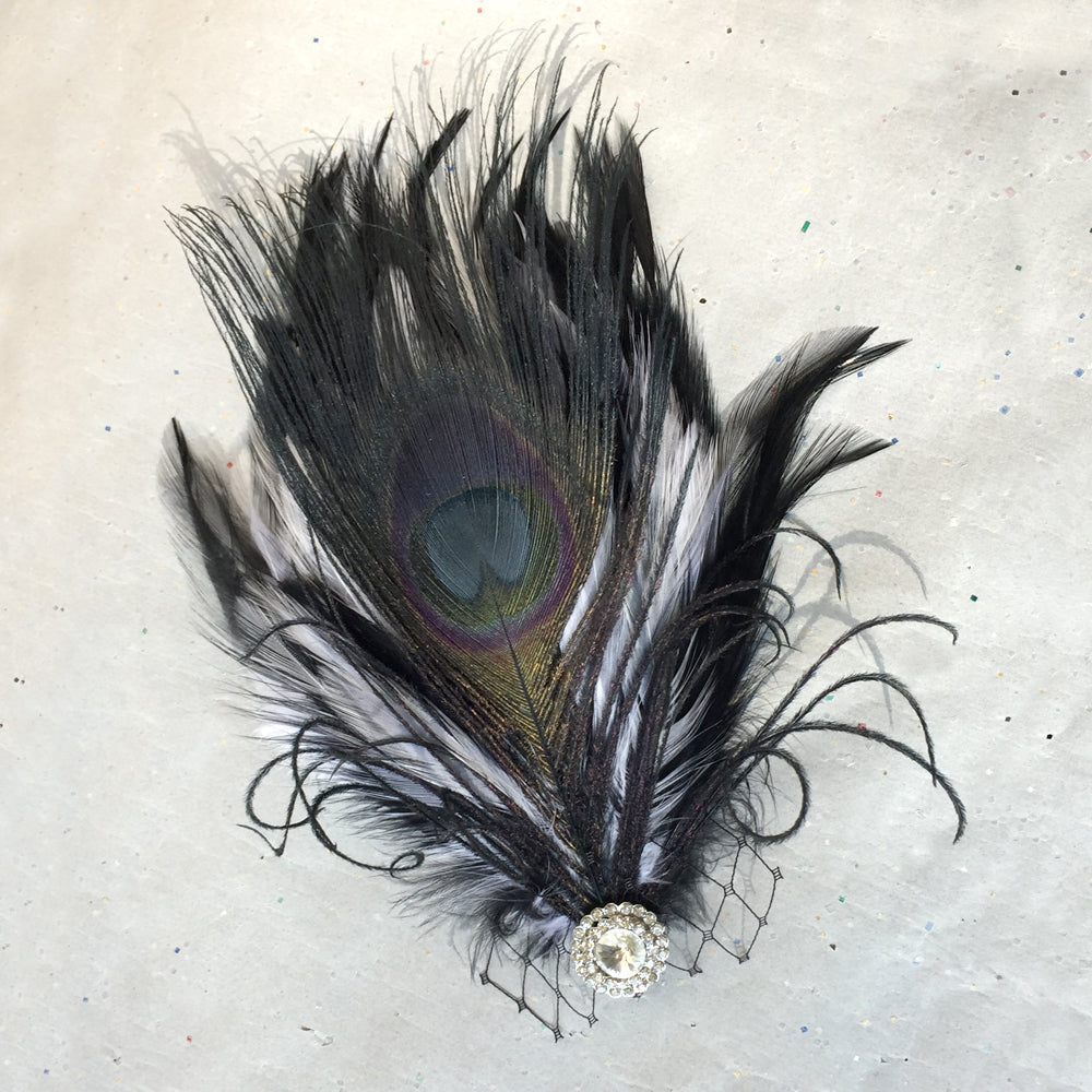 Black Feather Fascinator Hair Clip, Black and White Fascinator, Bridal Feather Hair Clip