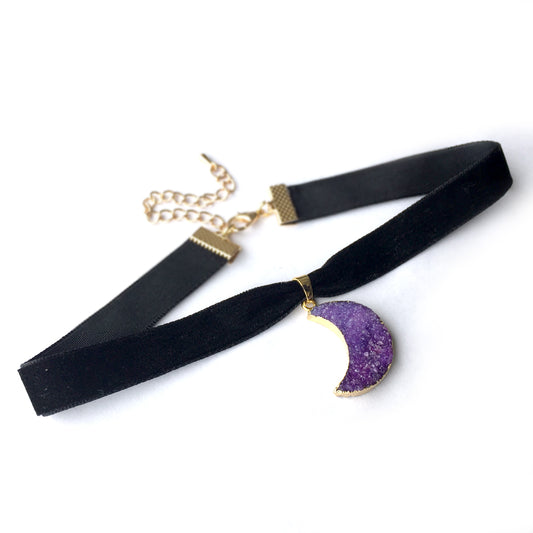 Druzy Choker Necklace, Moon Necklace Violet, Amethyst Druzy Necklace Choker, Quartz Crystal Choker Necklace