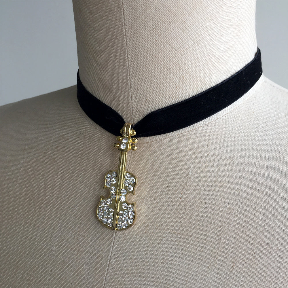 Violin Choker Necklace, Musician Jewelry, Violin jewelry with Rhinestone