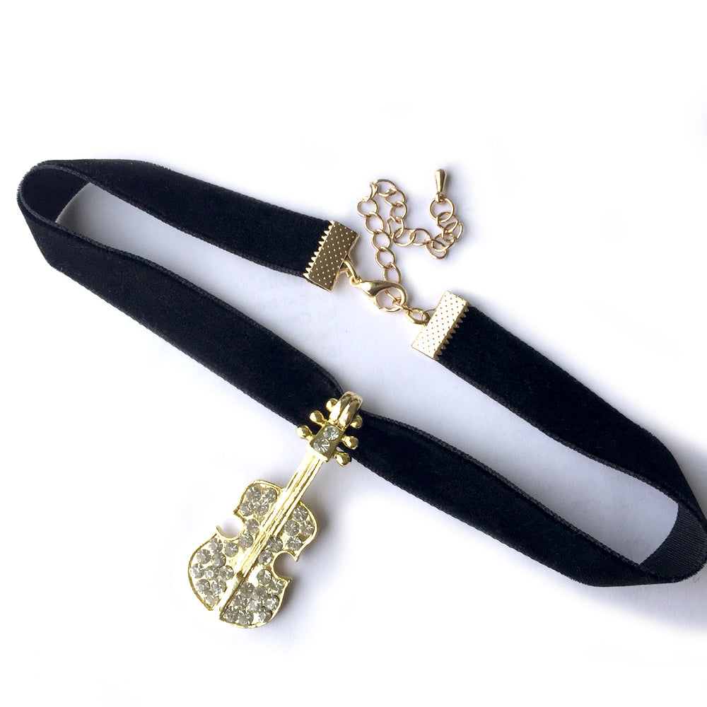 Violin Choker Necklace, Musician Jewelry, Violin jewelry with Rhinestone