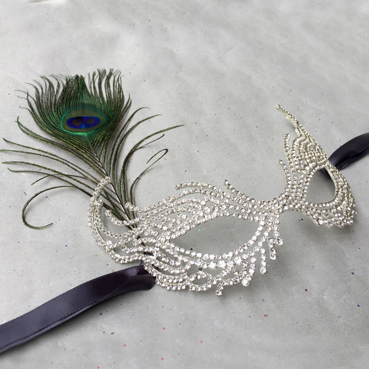 Masquerade Ball Masks Costume, Rhinestone Face Mask, Venetian Mask with Peacock Feathers