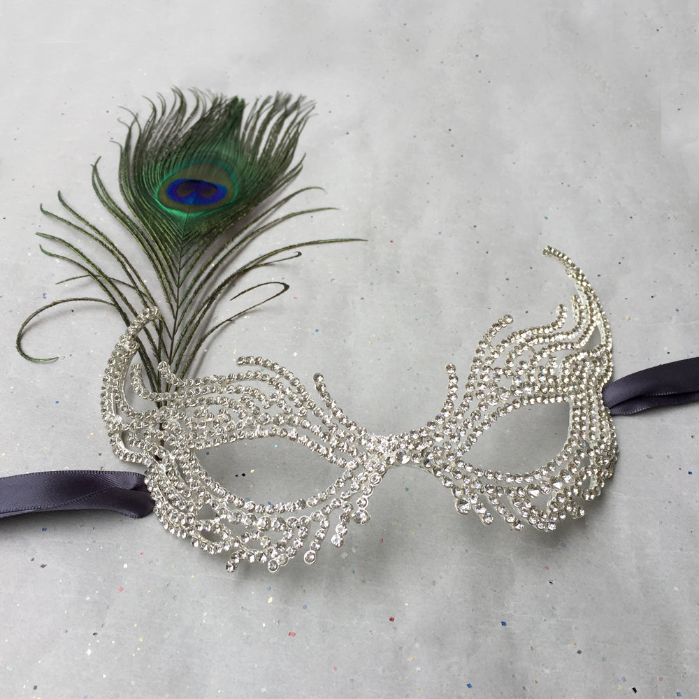 Masquerade Ball Masks Costume, Rhinestone Face Mask, Venetian Mask with Peacock Feathers