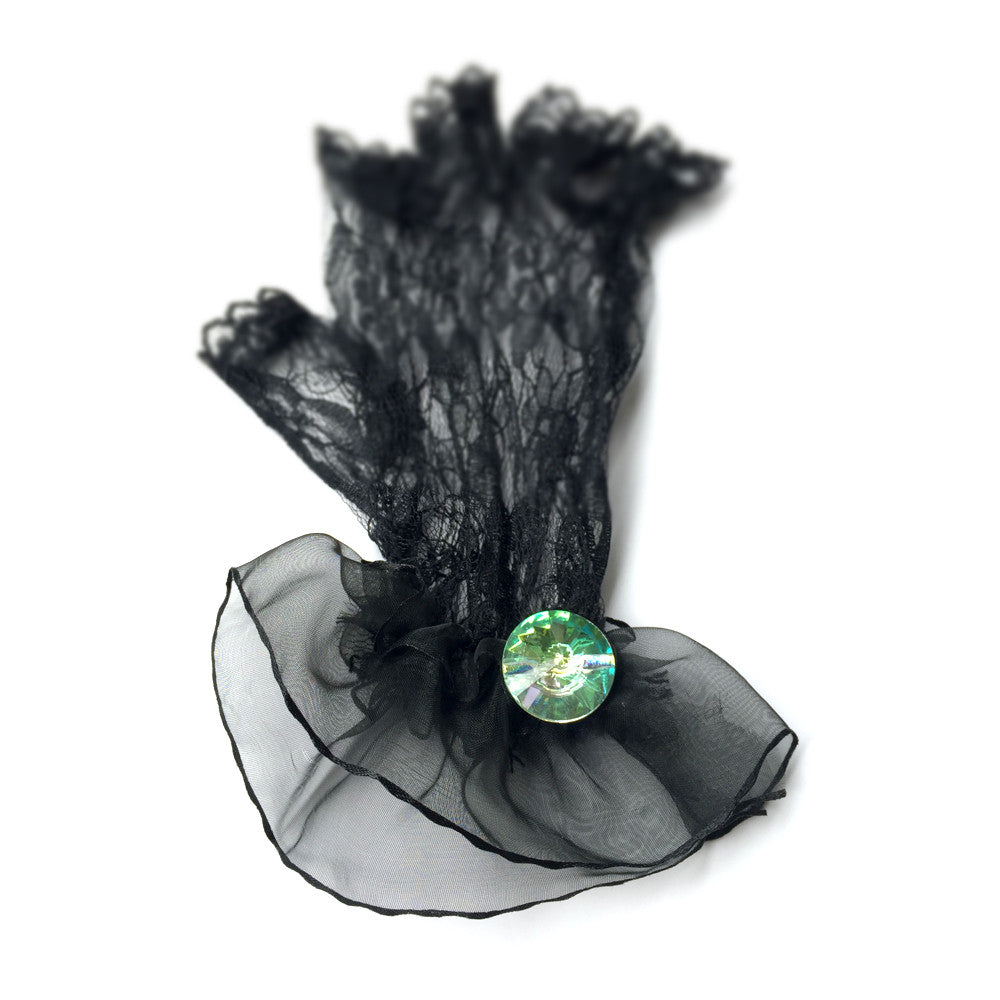 Women Black Lace Fingerless Gloves with Rhinestone Jewelry, Black Gloves