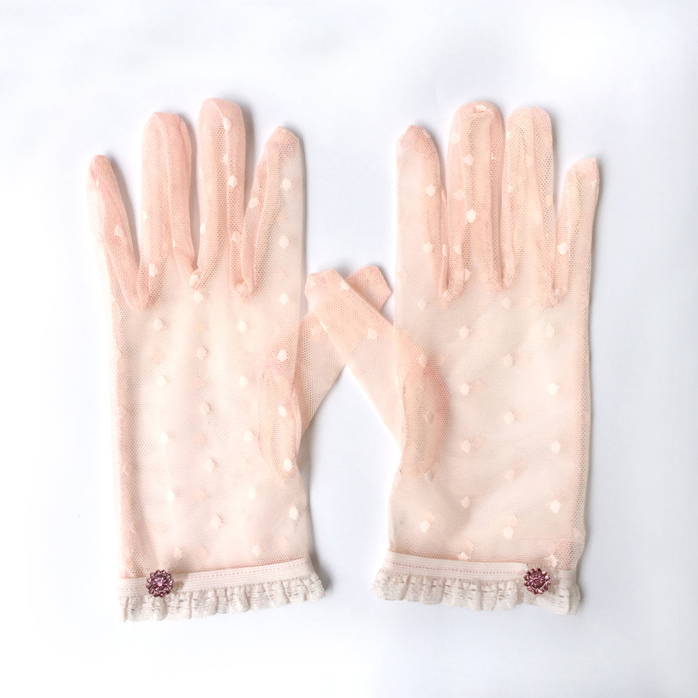 Pink Polka Dot Lace Gloves with Pink Rhinestone Jewelry, Pink Lace Gloves