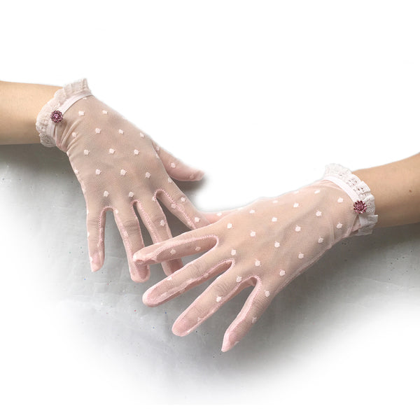 Pink Polka Dot Lace Gloves with Pink Rhinestone Jewelry, Pink Lace Gloves